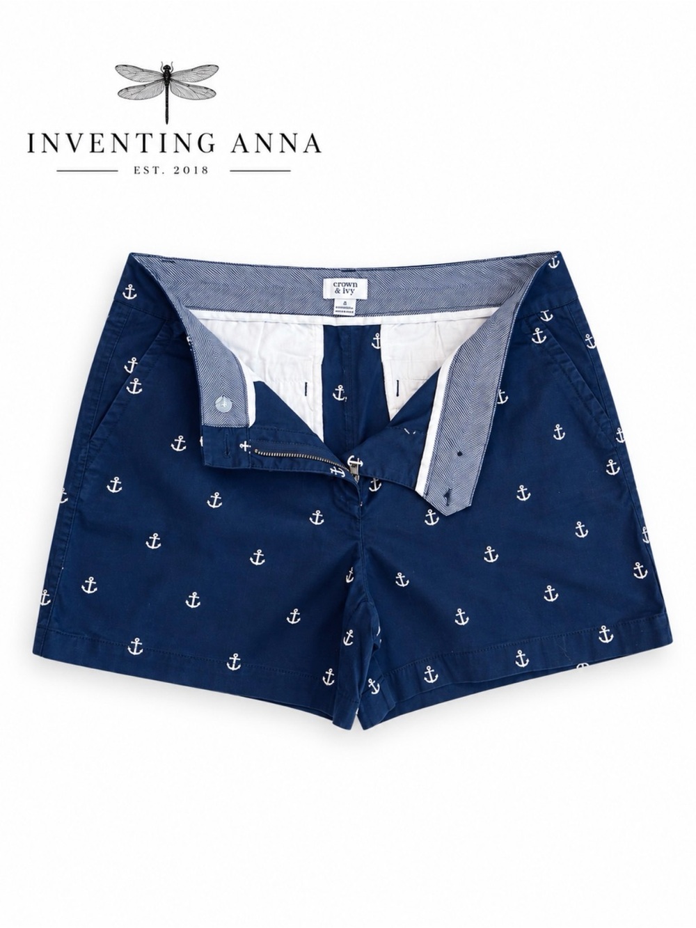 Crown & Ivy Navy Anchor Print Chino Shorts Women’s Size 10 Nautical Preppy